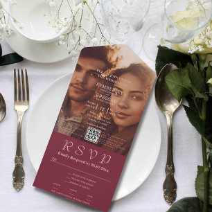 Minimalist Burgundy Blush Pink Text Photo QR Code All In One Invitation