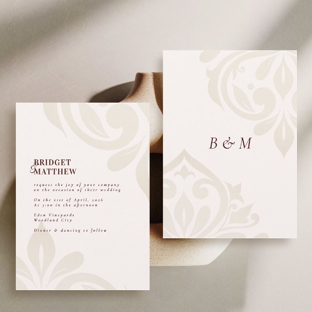 Minimalist Burgundy Cream Classic Damask Wedding Invitation (Creator Uploaded)