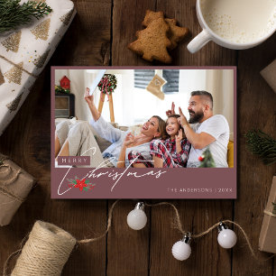 Minimalist Burgundy Family Photo Christmas  Holiday Card