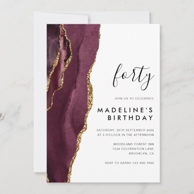 Minimalist Burgundy Gold Agate Geode 40th Birthday Invitation (Front)