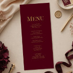 Minimalist Burgundy Gold Monogram Wedding Menu<br><div class="desc">Elevate your reception tablescape with this minimalist burgundy and gold monogram wedding menu card. Featuring a rich deep burgundy background, elegant antique gold typography, and a personalised monogram, this sophisticated menu is perfect for luxury, formal, and black tie weddings. Ideal for fall, winter, or romantic evening receptions, this timeless design...</div>