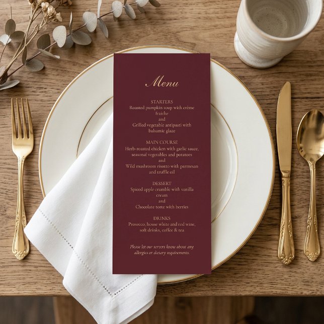 Minimalist Burgundy Gold Script Wedding Dinner Menu (Minimalist Burgundy Gold Script Wedding Dinner Menu)