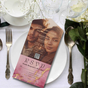 Minimalist Burgundy Gold Watercolor Photo QR Code All In One Invitation