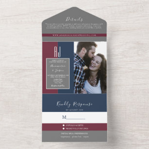 Minimalist Burgundy Navy Blue Monogram Wedding All In One Invitation