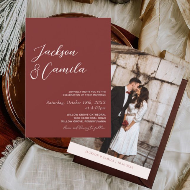 Minimalist Burgundy Photo Wedding Invitation (Creator Uploaded)