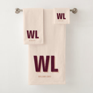 Minimalist Burgundy Pink Personalised Monogram  Bath Towel Set