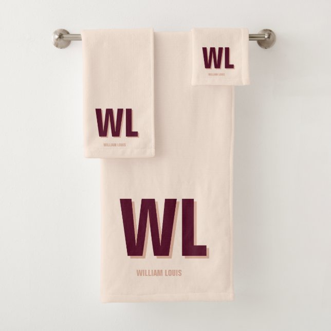 Minimalist Burgundy Pink Personalised Monogram  Bath Towel Set (Insitu)