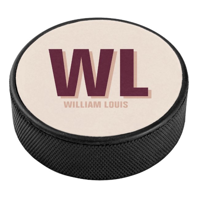 Minimalist Burgundy Pink Personalised Monogram  Hockey Puck (3/4)