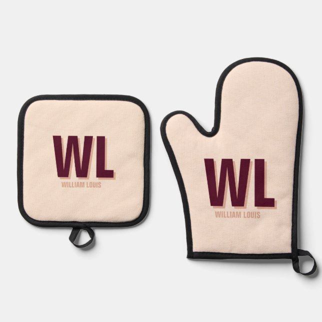 Minimalist Burgundy Pink Personalised Monogram  Oven Mitt & Pot Holder Set (Front)