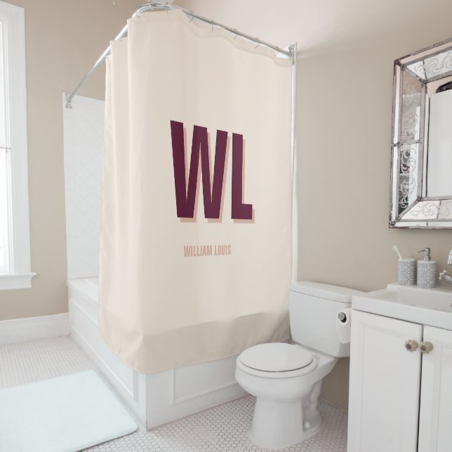 Minimalist Burgundy Pink Personalised Monogram  Shower Curtain (In Situ)