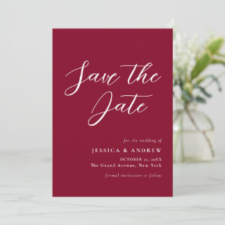 Minimalist Burgundy Red & White Simple Wedding  Save The Date