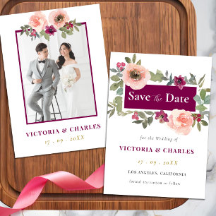 Minimalist Burgundy Watercolor Floral Wedding Save The Date