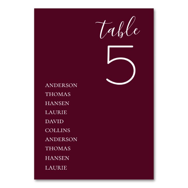 Minimalist Burgundy Wedding Table Table Number (Front)