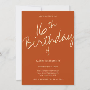 Minimalist Burnt Orange 16th Birthday Invitation