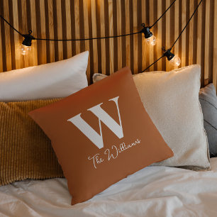 Minimalist Burnt Orange Monogram Family Names Cushion