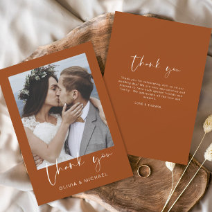 Minimalist Burnt Orange Wedding Thank You Photo Card