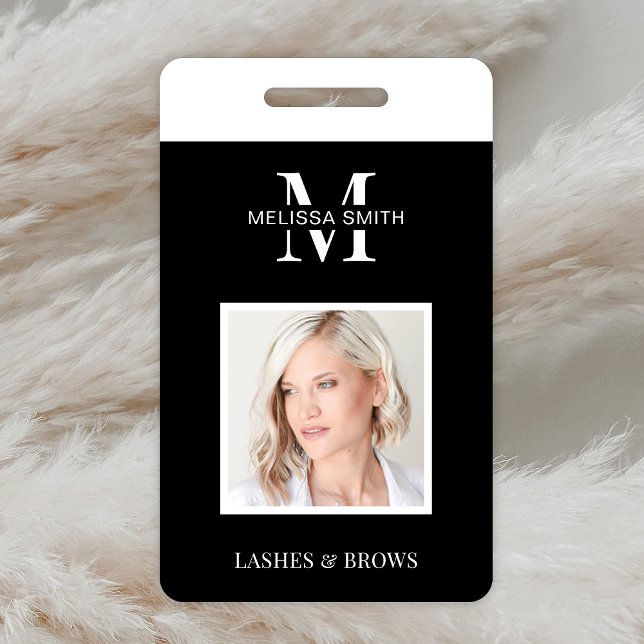 Minimalist Business Monogram Photo Beauty Salon ID ID Badge (Black and white Fully Editable Photo Name Badge with space for your logo or monogram)