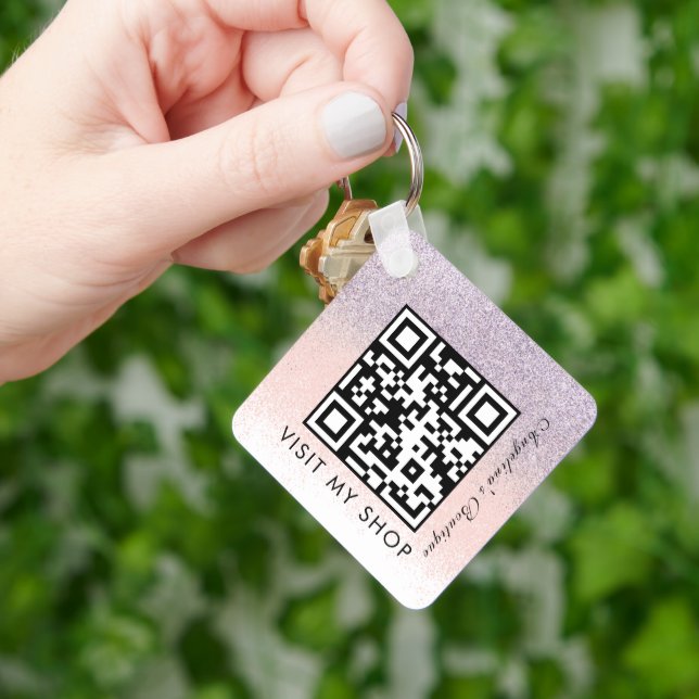 Minimalist Business QR Code Monogrammed  Glitter Key Ring (Hand)