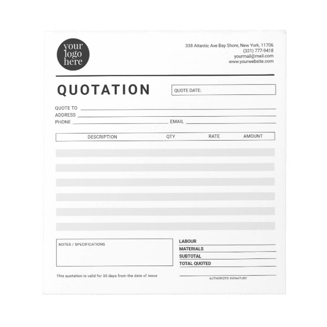 Minimalist Business Quotation Form Notepad (Front)