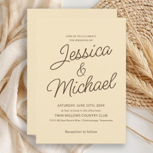 Minimalist Butter Yellow Brown Script Wedding  Invitation