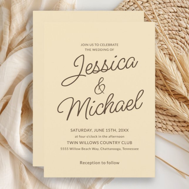 Minimalist Butter Yellow Brown Script Wedding  Invitation (Butter yellow wedding invitation)