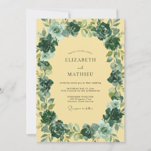 Minimalist Butter Yellow Teal Leafy Wedding Invitation