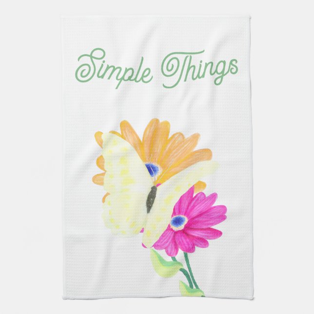 Minimalist Butterfly and Flowers 'Simple Things'  Tea Towel (Vertical)