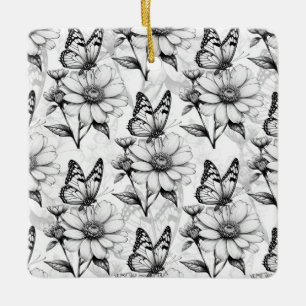 Minimalist Butterfly on Flower Pattern Design Ceramic Ornament