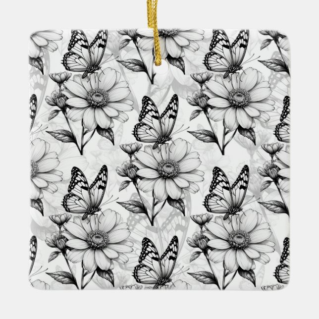 Minimalist Butterfly on Flower Pattern Design  Ceramic Ornament (Front)