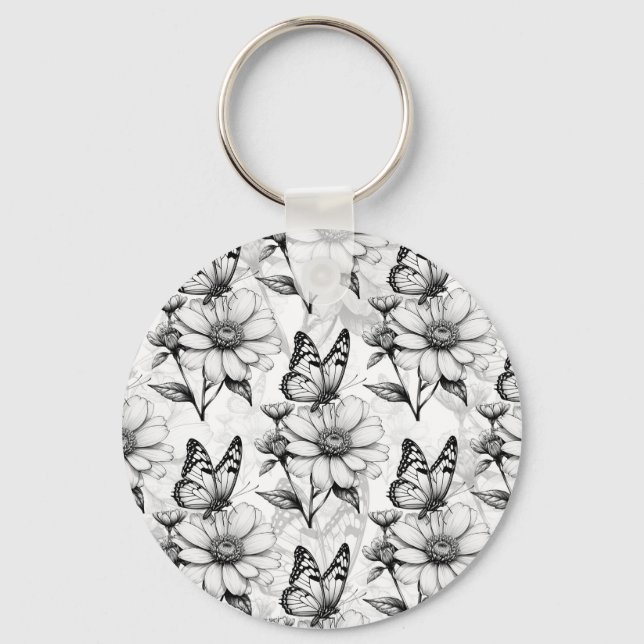 Minimalist Butterfly on Flower Pattern Design  Key Ring (Front)