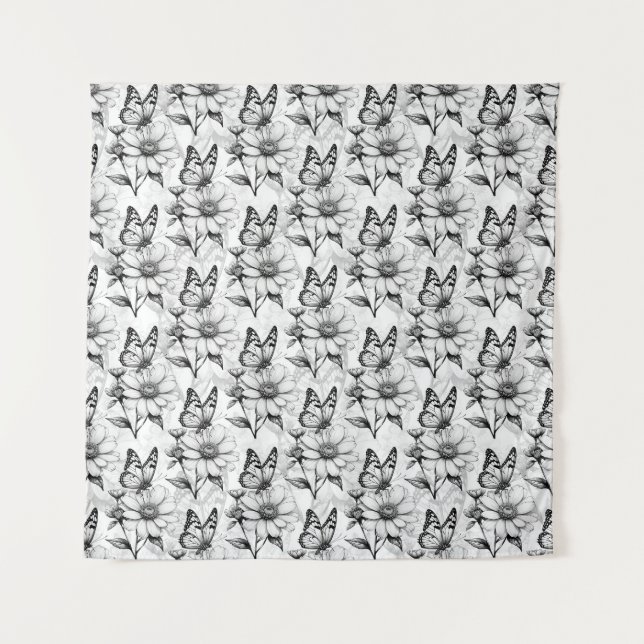 Minimalist Butterfly on Flower Pattern Design  Tapestry (Front)