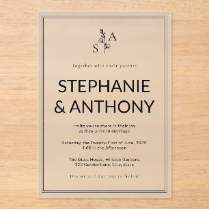 Minimalist BW Monogram Wildflower Wedding Acrylic Invitations