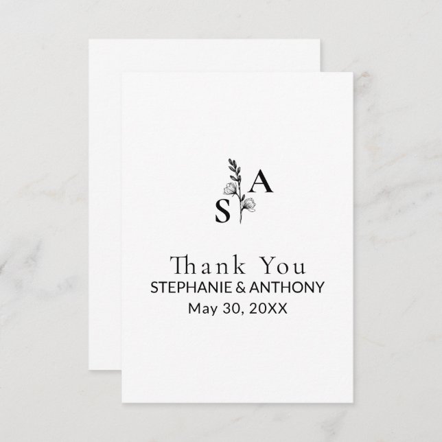 Minimalist BW Monogram Wildflower Wedding Card (Front/Back)
