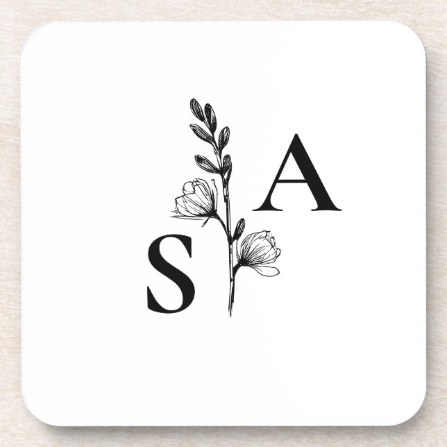 Minimalist BW Monogram Wildflower Wedding Coaster (Front)