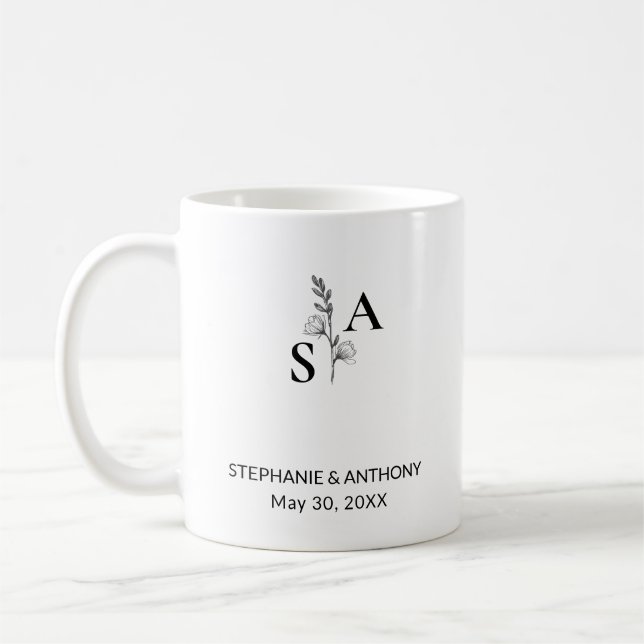 Minimalist BW Monogram Wildflower Wedding Coffee Mug (Left)