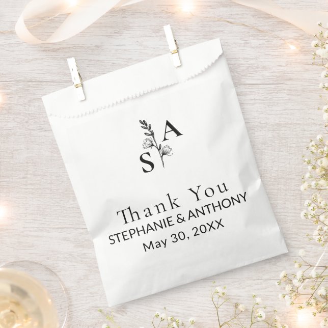 Minimalist BW Monogram Wildflower Wedding Favour Bag (Clipped)