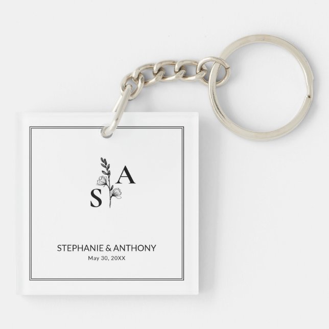 Minimalist BW Monogram Wildflower Wedding Key Ring (Back)