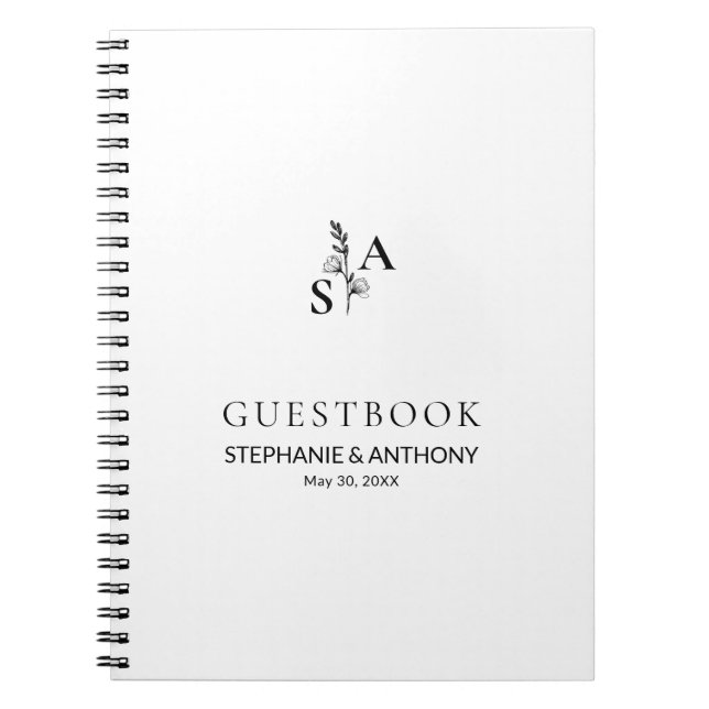 Minimalist BW Monogram Wildflower Wedding Notebook (Front)