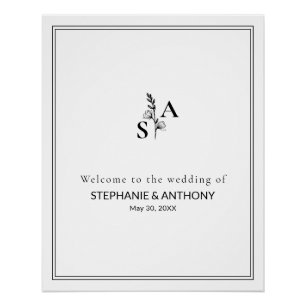 Minimalist BW Monogram Wildflower Wedding Poster