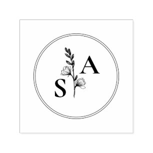 Minimalist BW Monogram Wildflower Wedding Self-inking Stamp