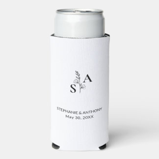 Minimalist BW Monogram Wildflower Wedding Seltzer Can Cooler