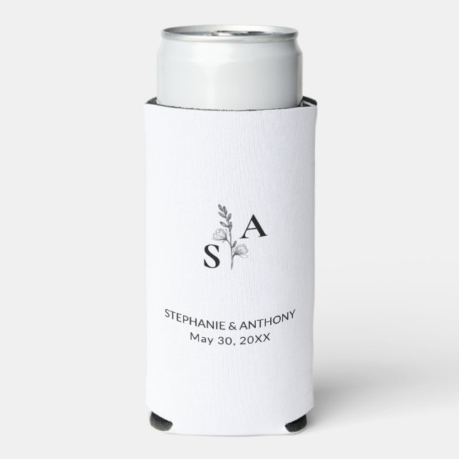 Minimalist BW Monogram Wildflower Wedding Seltzer Can Cooler (Seltzer Front)