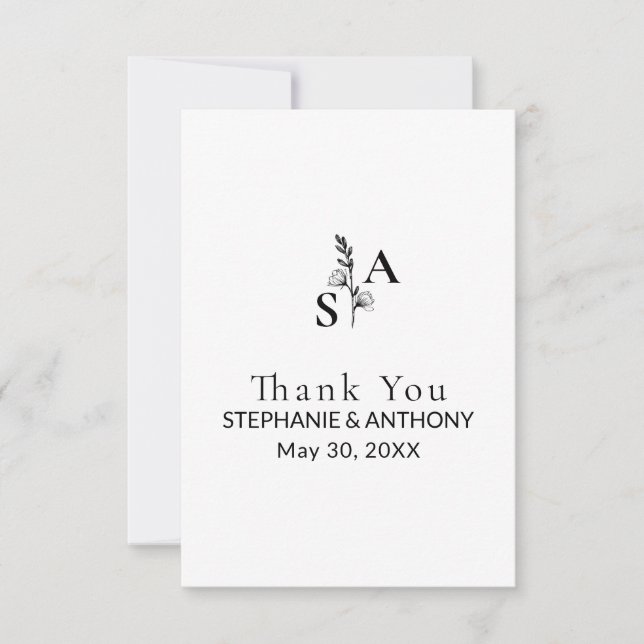 Minimalist BW Monogram Wildflower Wedding Thank You Card (Front)