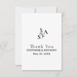 Minimalist BW Monogram Wildflower Wedding Thank You Card