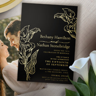 Minimalist calla lily line art wedding black gold