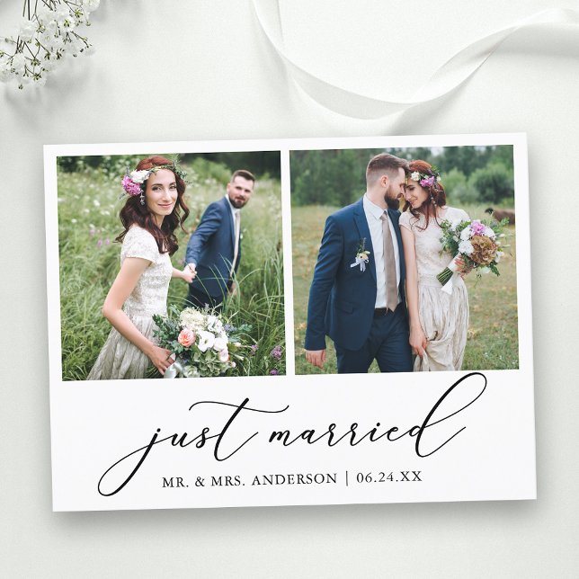 Minimalist Calligraphy 2 Photo Just Married Postcard (Customize to add text to back of card.)