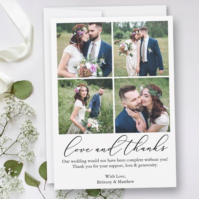 Minimalist Calligraphy 4 Photos Wedding Love Thank You Card (Customize to add text or more photos to back of card.)