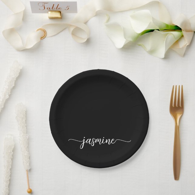 Minimalist Calligraphy Black Girly Monogram Script Paper Plate (Wedding)