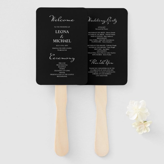 Minimalist Calligraphy Black Wedding Program Hand Fan (Front and Back)