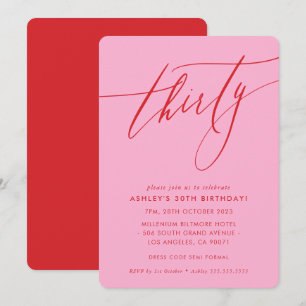 MINIMALIST Calligraphy chic 30th party pink red Invitation